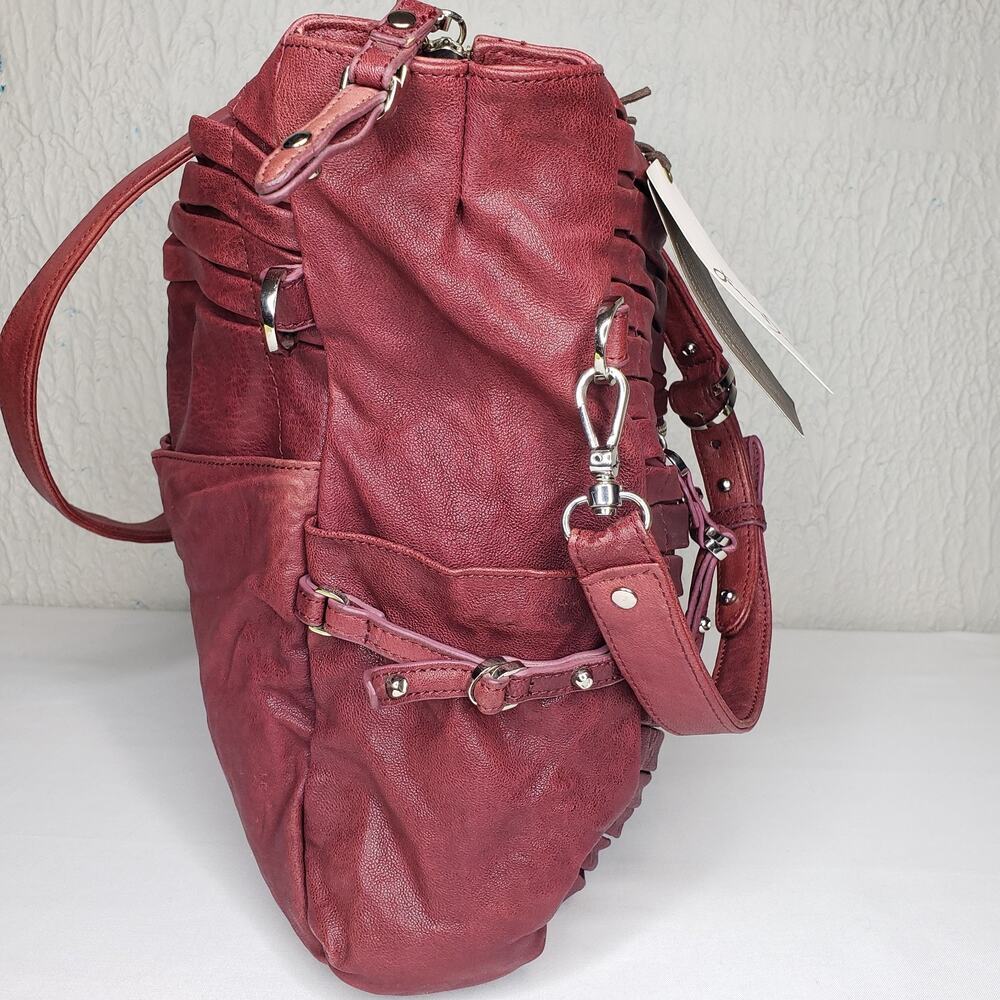 Junior Drake Gail Pleated Cranberry Bordeaux Leather Convertible Handbag Zippers - Picture 3 of 16